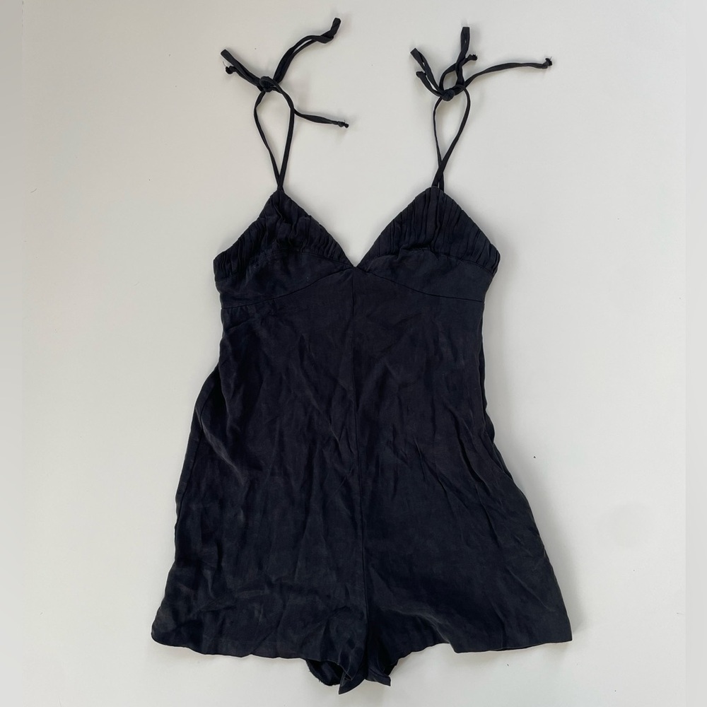 ZARA Women's Black Lyocell Tencel Drapey Pleated Romper Shoulder Straps Size XS